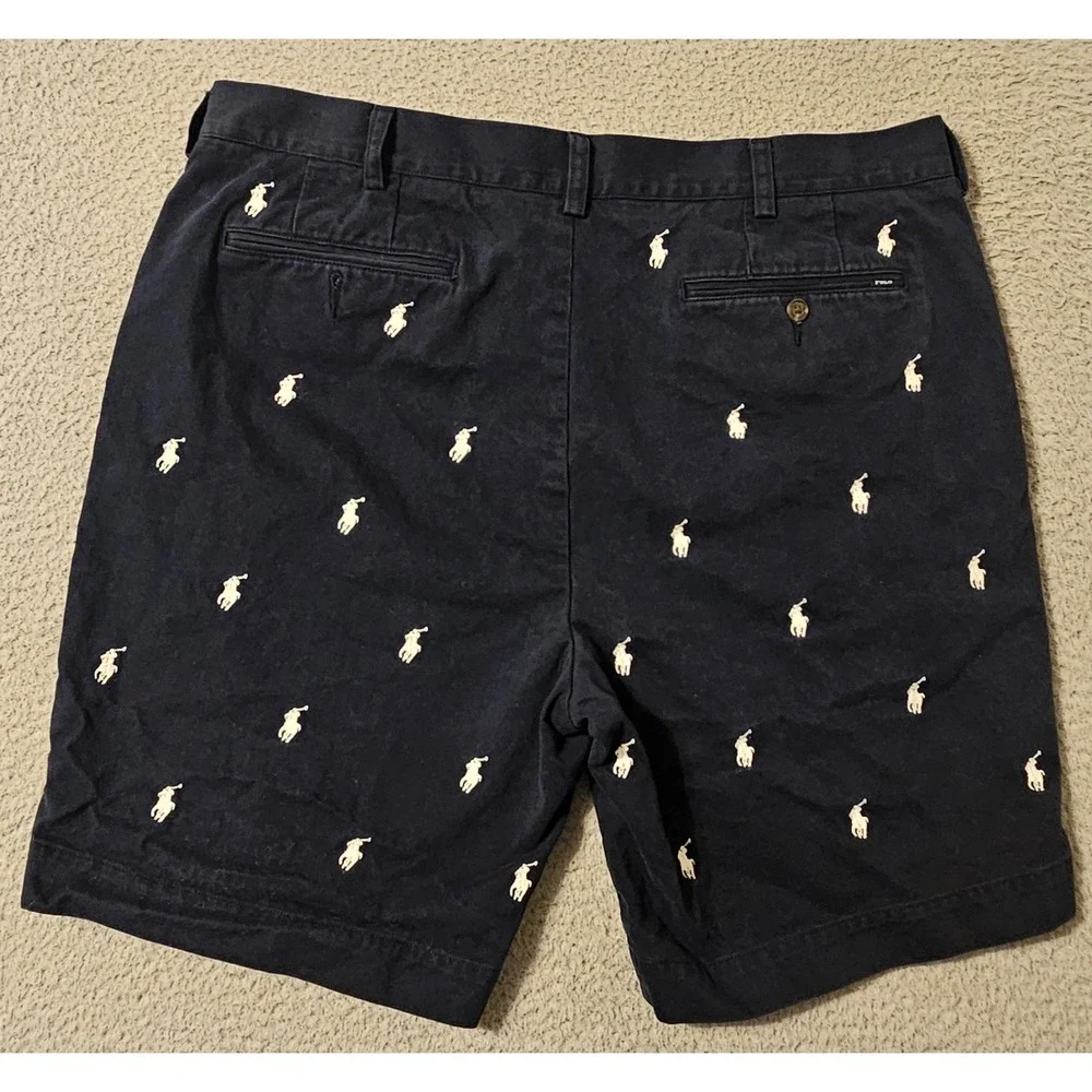 Polo Ralph Lauren Mens Navy Blue All Over Embroidered Pony Chino Shorts Size 36